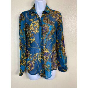 Bebe Mulberry Silk Womens Baroque Print Sheer Button Up Top size XS Long Sleeve